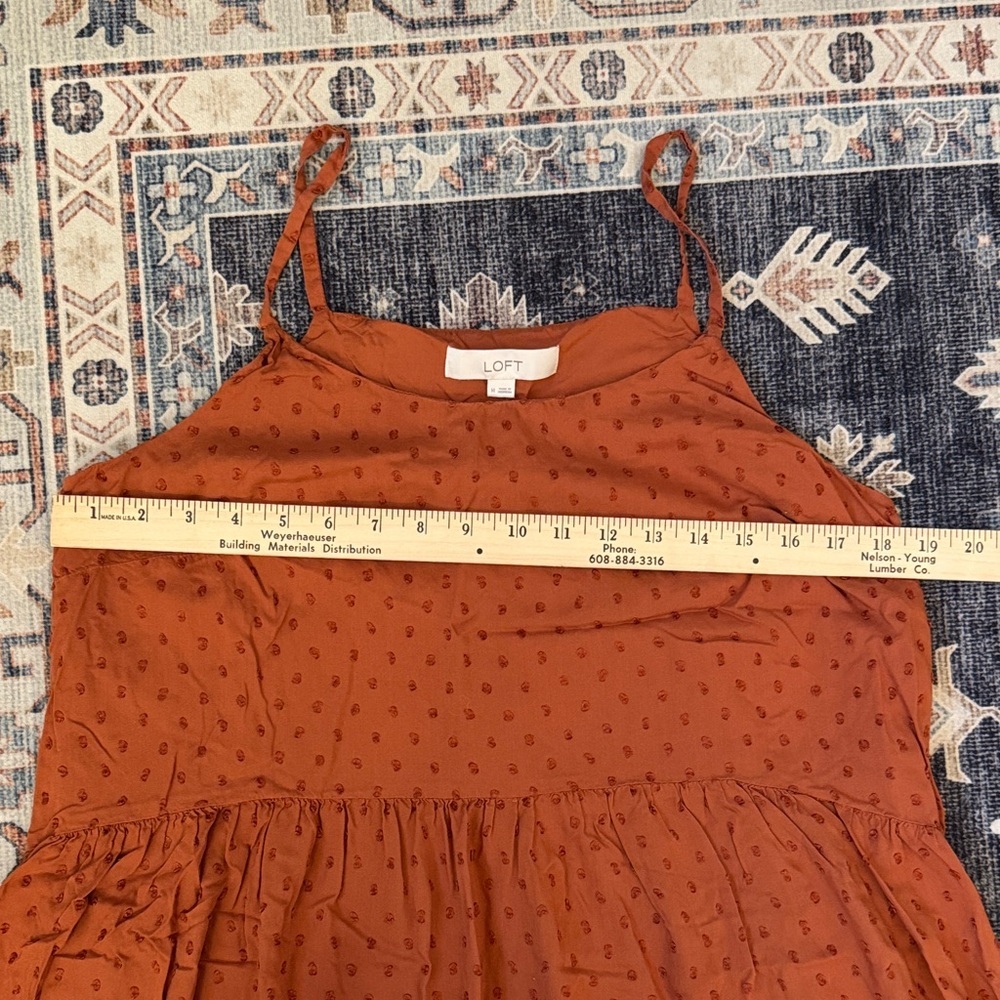 LOFT Swiss Dot Adjustable Spaghetti Strap Swing Dress Burnt Orange Size Medium - Picture 7 of 8